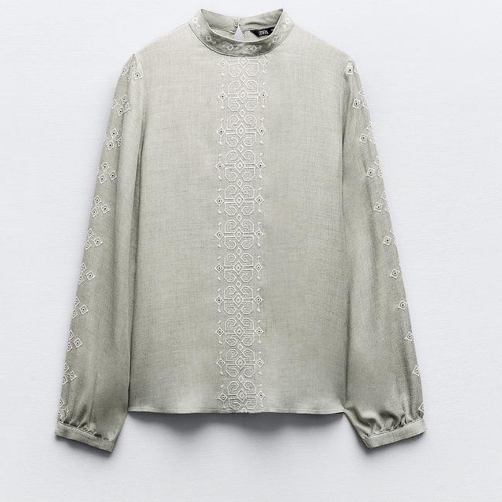 Zara Tunic Top Cut Work Embroidery Women’s Size Small Gray White - Picture 4 of 6